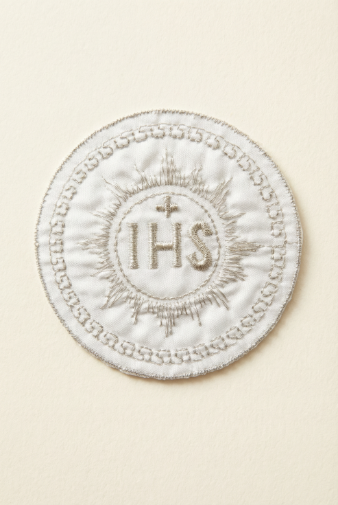 IHS host applique, communion patch, silver embroidery emblem, first holy communion accessories, religious craft supplies, irish communion tradition
