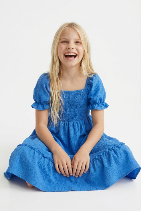 blue girls dress, elegant kids dress Ireland, ruffled hem dress, puff sleeve dress girl, special occasion dress for girls, girls party wear