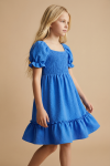 blue girls dress, elegant kids dress Ireland, ruffled hem dress, puff sleeve dress girl, special occasion dress for girls, girls party wear