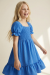 blue girls dress, elegant kids dress Ireland, ruffled hem dress, puff sleeve dress girl, special occasion dress for girls, girls party wear