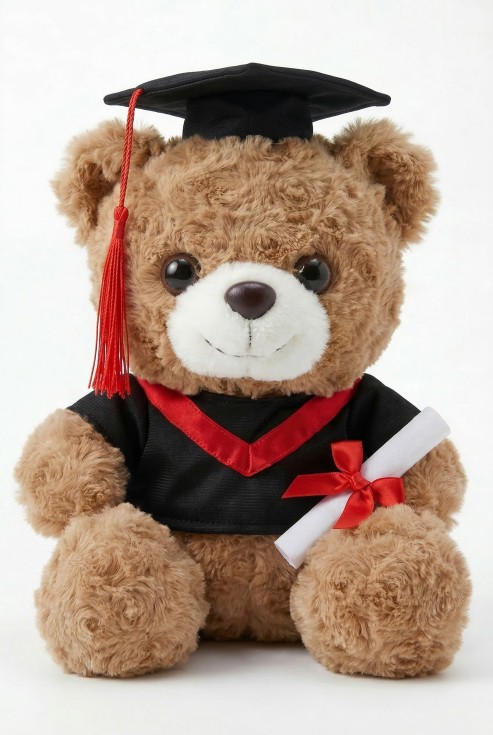 Close-up of Graduation Teddy’s soft honey-coloured fur and tassel cap