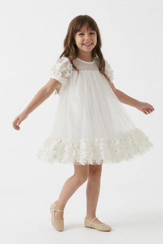 Romy Cream White Girls Dress with Tulle and 3D Flowers
