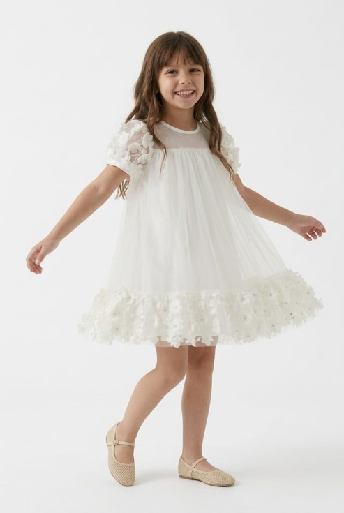 girls tulle dress cream white, Romy dress ZOYA Dresses UK, flower girl dress, christening dress girls, 3D flower dress