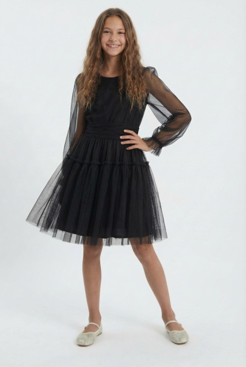 black tulle dress girls, Holly dress ZOYA Dresses UK, long sleeve tulle dress, girls occasion wear