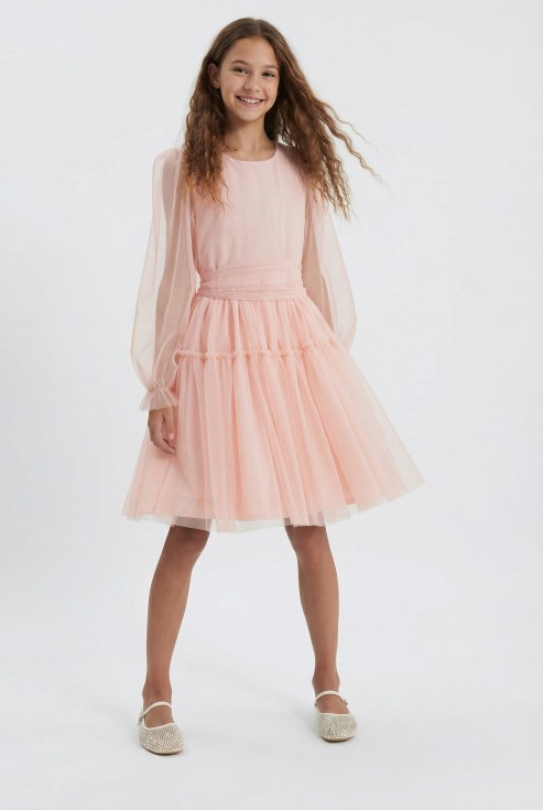 apricot tulle dress girls, Holly rose dress ZOYA Dresses UK, long sleeve tulle dress, girls occasion wear