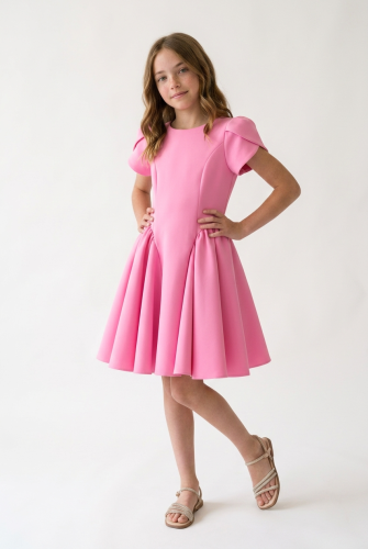 Rumi Pink Flared Occasion Dress with Tulip Sleeves – Girls