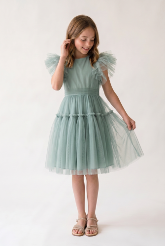 Paola Girls' Mint Tulle Occasion Dress with Feather Sleeves