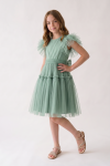 Paola mint tulle girls' dress, side profile, full flared skirt