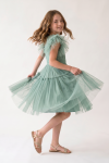 Paola mint tulle occasion dress, back view, hidden zip and tie sash