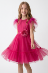 Feather trim sleeve detail on fuchsia girls dress