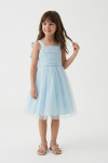 Back view of light blue girls dress with shoulder bows and back zip