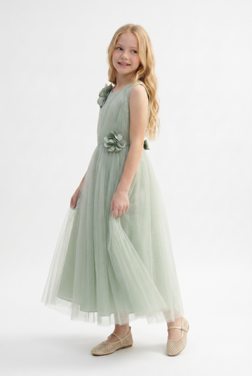Bella girls sage green floor-length party dress, ages 6-13, front view, ZOYA Dresses UK
