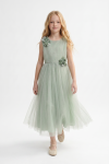 Bella sage green girls maxi dress, side profile, flared silhouette