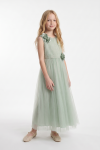 Bella dress 3D flower shoulder detail, sage green party gown