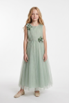 Bella dress 3D flower waist detail, sage green floor-length dress