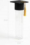 Several clear graduation tubes filled with colourful sweets, styled as favours on a party table.