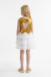 Riva white and gold party dress – back with teardrop cut-out, two gold sequin bows and white tulle skirt