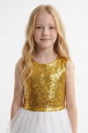 Riva white and gold party dress – sleeveless gold sequin top and white tulle, front view, waist up