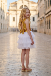 Riva white and gold party dress outdoors – back cut-out with a sequin bow and tulle skirt
