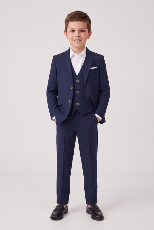 Liam boys' navy 4-piece occasion set – blazer, waistcoat and trousers, full-length front view