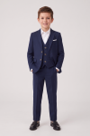 Liam boys' navy set with waistcoat – hands in pockets, front view