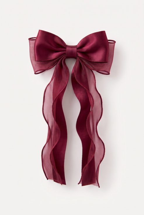 Girls' burgundy satin and organza bow hair clip – front view on a white background