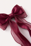 Burgundy bow hair clip – close-up of the satin loops and sheer organza