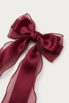 Burgundy bow hair clip – close-up of the knot, satin loops and organza