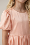 Sia pink dress – close-up of the round neckline and puff sleeve