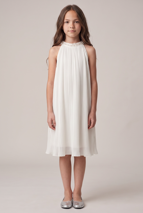 Rozalia girls' white pleated dress with halter collar and pearls – full-length front view