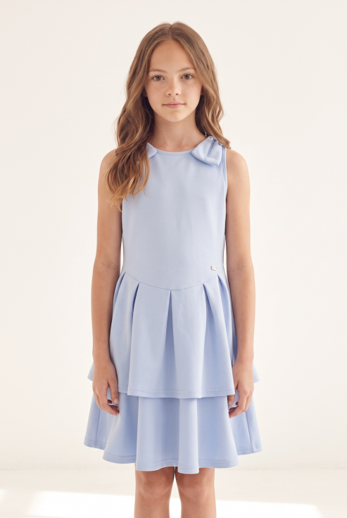 Harper girls' light blue sleeveless dress with bows on the shoulders – front view