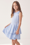 Harper light blue party dress – two-layer pleated skirt, three-quarter view