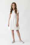 Rumi white dress with round neckline and tulip sleeves – full-length front view