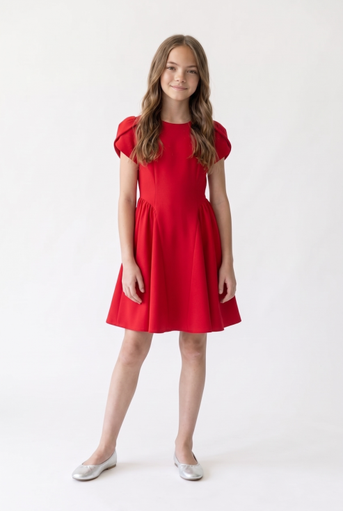 Rumi girls' red dress with tulip sleeves – full-length front view
