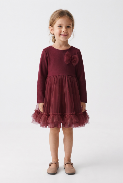 Iga girls' burgundy dress with tulle skirt and bow at the chest – full-length front view