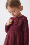 Iga burgundy dress – close-up of the knitted top with tulle bow