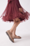 Iga burgundy party dress – detail of the tulle frill at the hem in motion