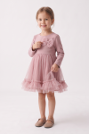 Iga girls' dusty pink dress with tulle skirt, frill and bow – full-length front view