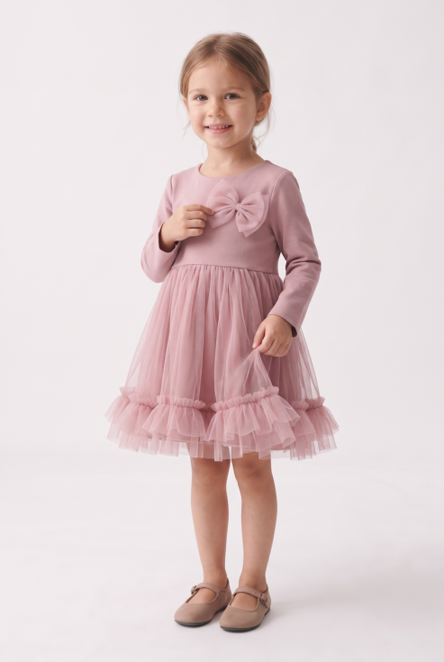 Iga girls' dusty pink dress with tulle skirt, frill and bow – full-length front view