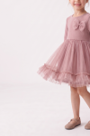 Iga girls' dusty pink dress – flared tulle skirt with frill and bow at the chest