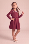 Estera girls' burgundy dress with lace collar and long sleeves – full-length front view
