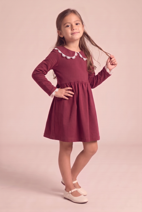 Estera girls' burgundy dress with lace collar and long sleeves – full-length front view