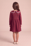 Estera burgundy dress – back view with concealed zip and split collar edged with white lace