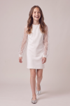 Vivienne white dress, straight cut above the knee – smiling girl mid-step, front view