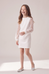 Vivienne white dress – loose sequinned tulle sleeves and ruched cuffs, front view