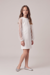 Vivienne girls' white dress with long tulle sleeves – full length, three-quarter front view