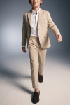 Liam boys' beige occasion set – open blazer and trousers, in motion, front view