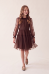 Holly girls' chocolate brown dress with tulle sleeves and two-tier skirt – full-length front view