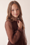 Holly brown tulle dress – sleeve with frill at the cuff and round neckline, close-up