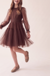 Holly brown dress – two-tier tulle skirt and draped waistband, in motion